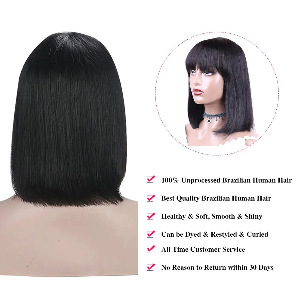 Peluca de cabello humano liso brasileño con flequillo para mujer, pelucas Remy Bob, peluca Completamente hecha a máquina, sin pegamento