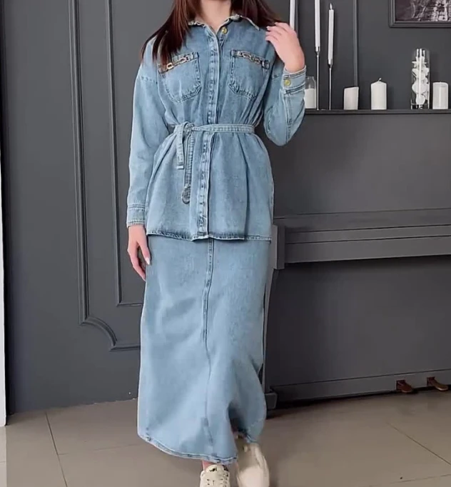 

Denim Skirts Set Women 2 Piece Pockets Design Bandage Long Sleeved Top and Casual Skirt Worn Out Washed Casual Denim Dress Set