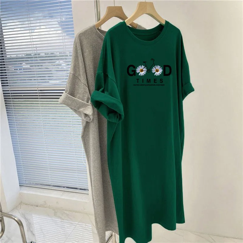 Women Clothing Cartoon Printed Straight Dresses, Summer Loose Casual O-neck Knee Length Tunic, Vintage Basic Pullovers Dress