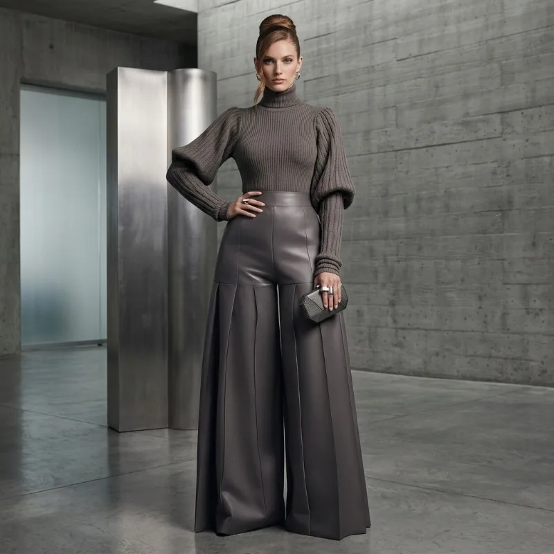 Yeezzi 2026 New Fashion PU Leather High Waist Wide Leg Palazzo Trousers For Women Solid Color Pleated Streetwear Wide Leg Pants