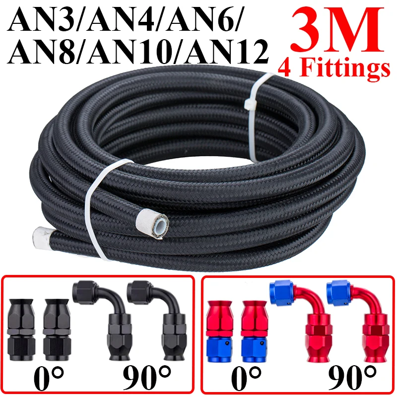 

3M AN3 AN4 AN6 AN8 AN10 AN12 E85 PTFE Fuel Hose Oil Gas Cooler Hose Line Pipe Tube Nylon + 0 90 Degree Swivel Hose End Fittings