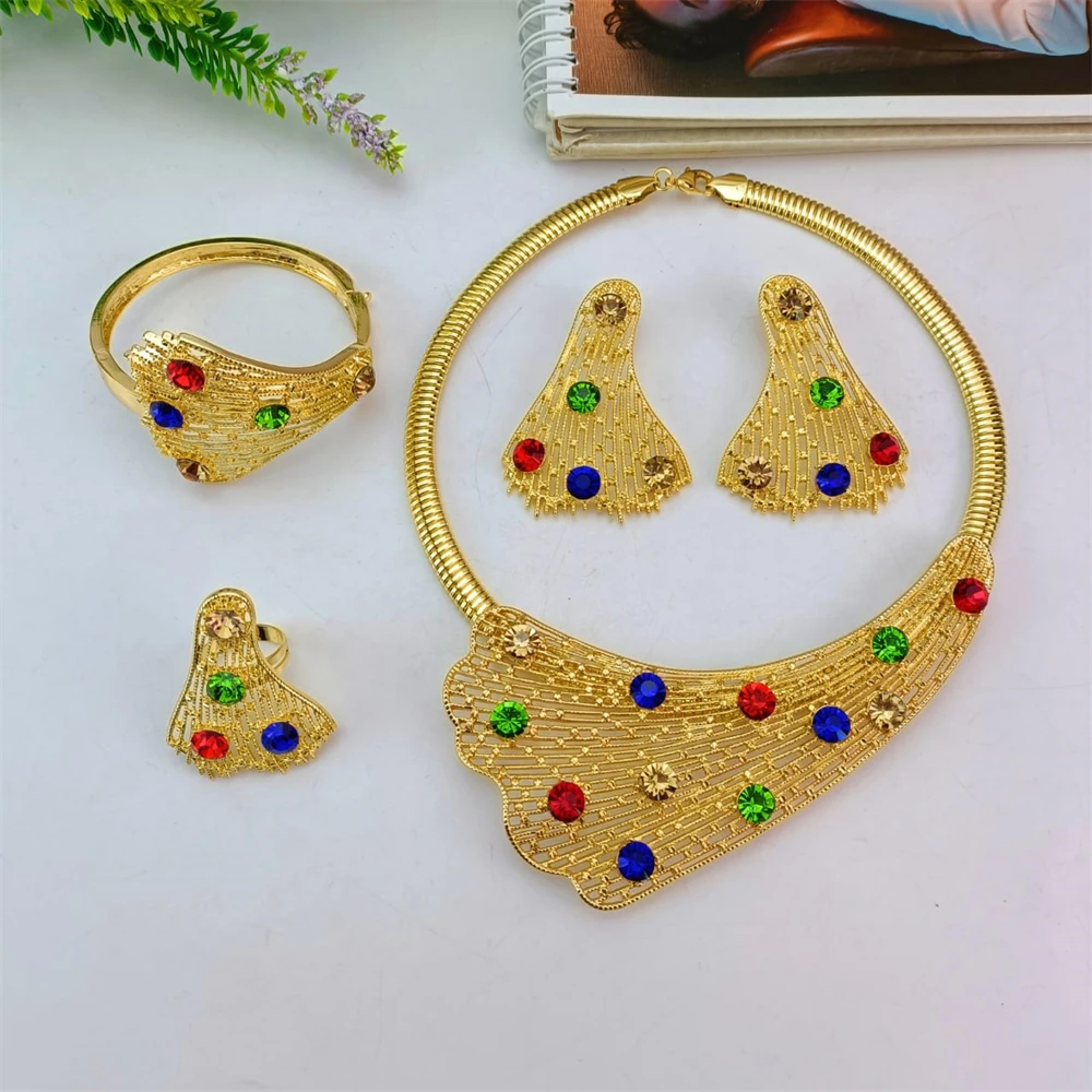 

EMMA Women Dubai Gold Jewelry Sets Fashion Italian Gold Plated Necklaces Colorful Stone Earrings Wedding Party Jewelry Gifts