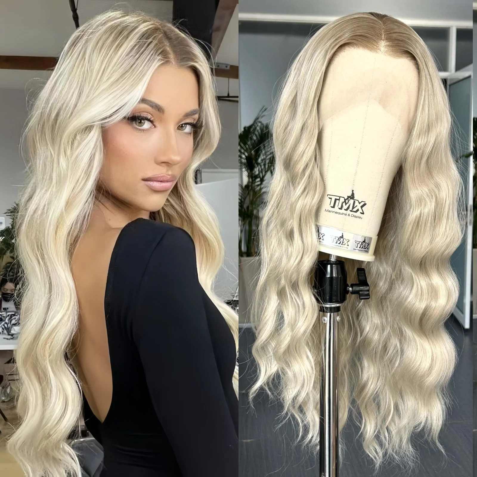 

Ombre Ash Blonde Wig Long Natural Wavy Synthetic Hair Loose Curly Middle Part 13X4 Highlight Colored Wigs for Women Daily Party