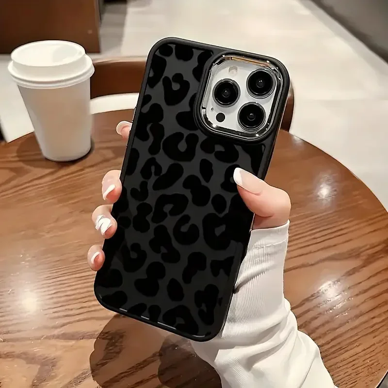 Black Leopard Print Graphic Soft Phone Case for IPhone 16 15 Pro Max 11 12 13 14 Pro XS XR 7 8 Plus Metal Frame Shockproof Cover