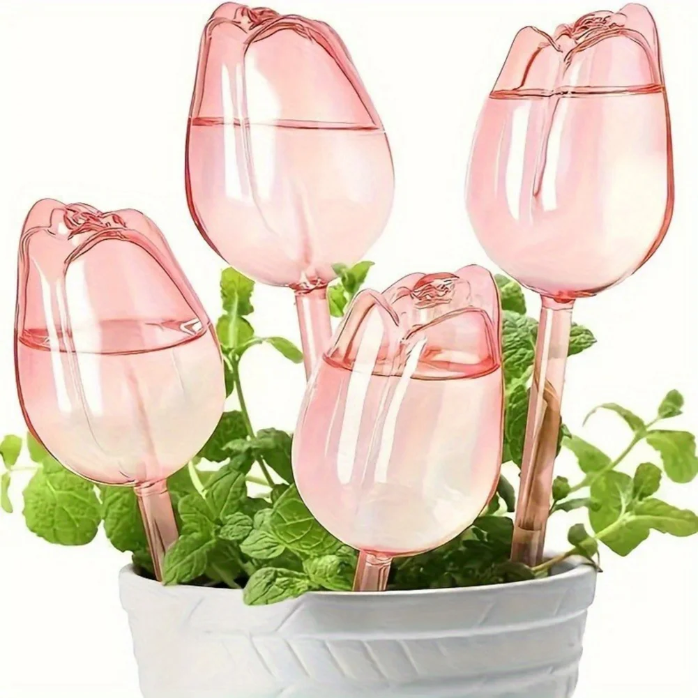 4pcs Plastic Pink Tulip Watering Globes for Plants Automatic Self-Watering System Slow Release for Indoor Outdoor Potted Plants