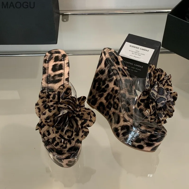 Women's Leopard Flower Platforms Sandals 13CM High Heel Wedge Slippers Sexy Summer Peep Toe Beach Shoes Fashion Heels for Ladies view 4
