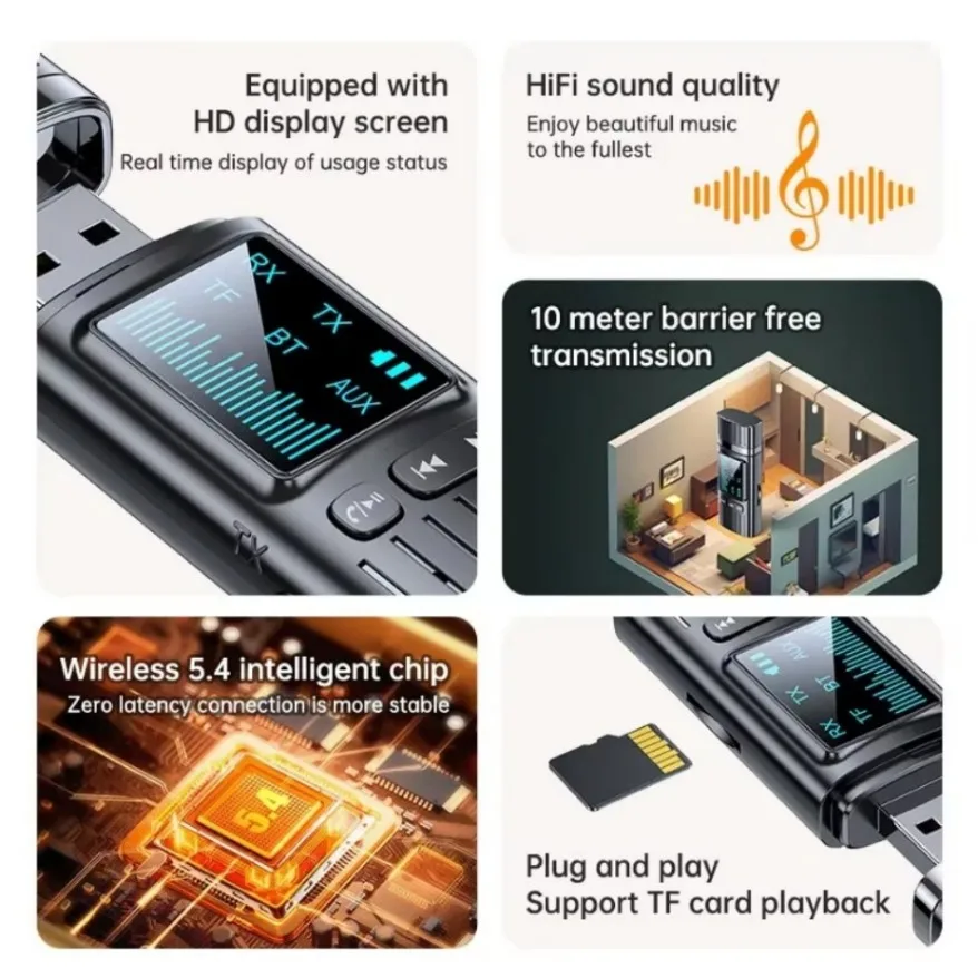 2-in-1 USB Bluetooth 5.4 Receiver Transmitter Audio Adapter LED HD Display Screen TV Computer Bluetooth for Screen 3.5mm Adapter