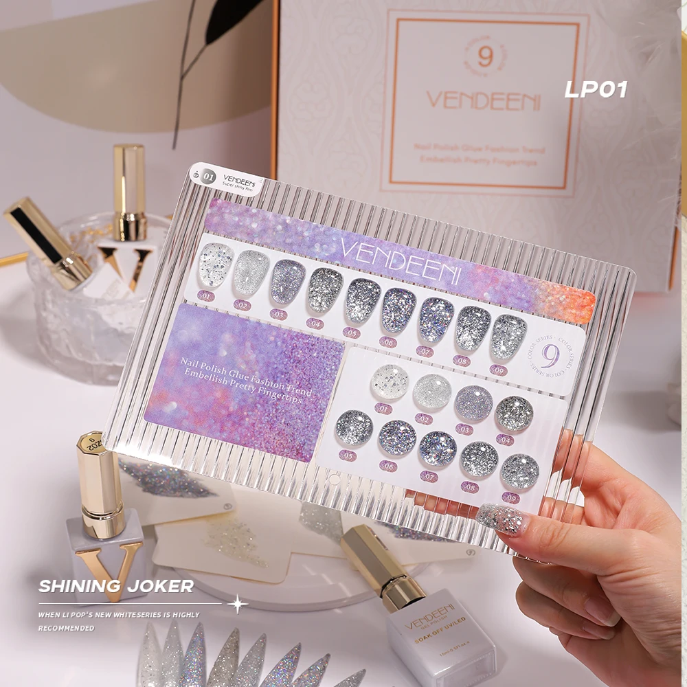 Vendeeni 9 ألوان/مجموعة بريق الفضة الترتر هلام طلاء الأظافر الأشعة فوق البنفسجية عاكسة شظايا معدنية مانيكير مسمار الورنيش مع بطاقة اللون