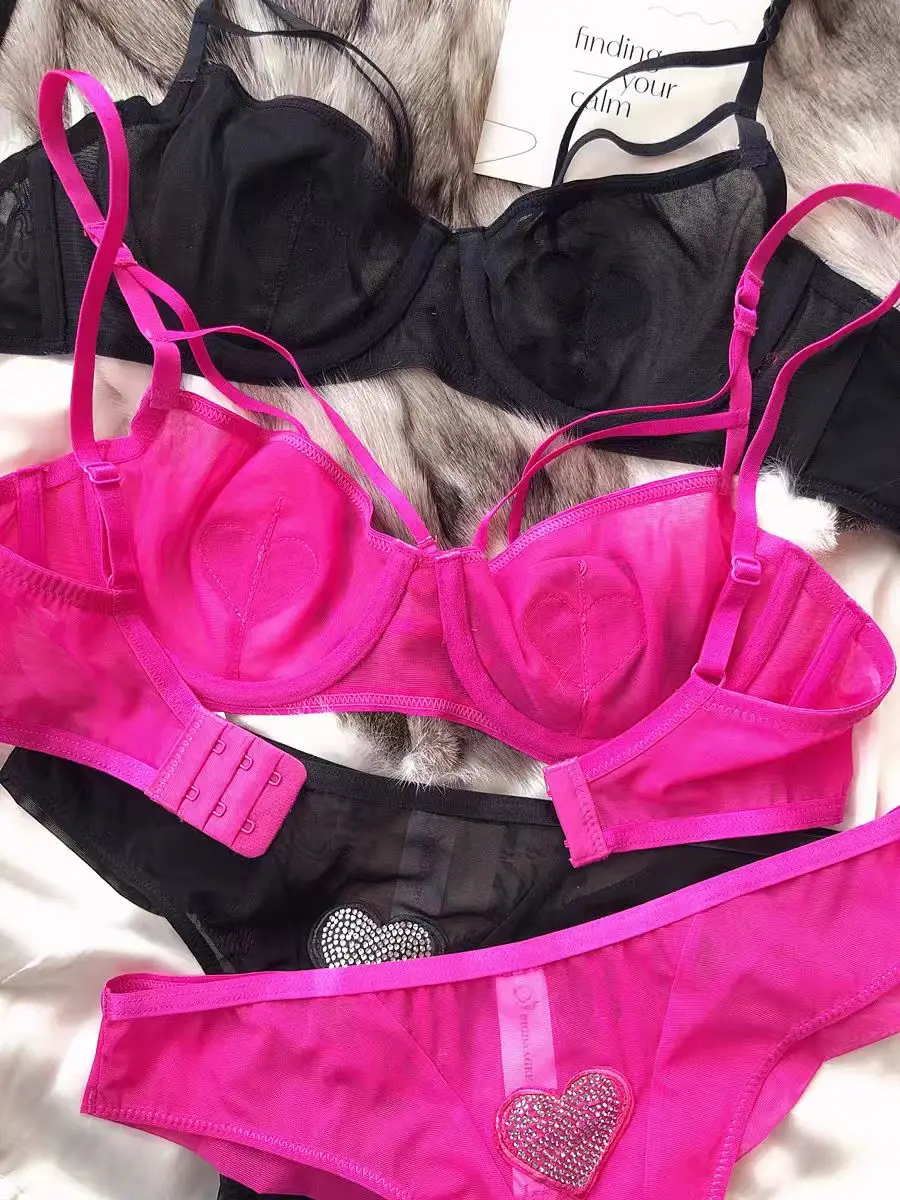 الفرنسية مثير الدانتيل بقماش شفاف نقية Derise الصدرية مجموعة على شكل قلب فلاش الماس رقيقة جدا كبيرة الصدر التخسيس الملابس الداخلية #2