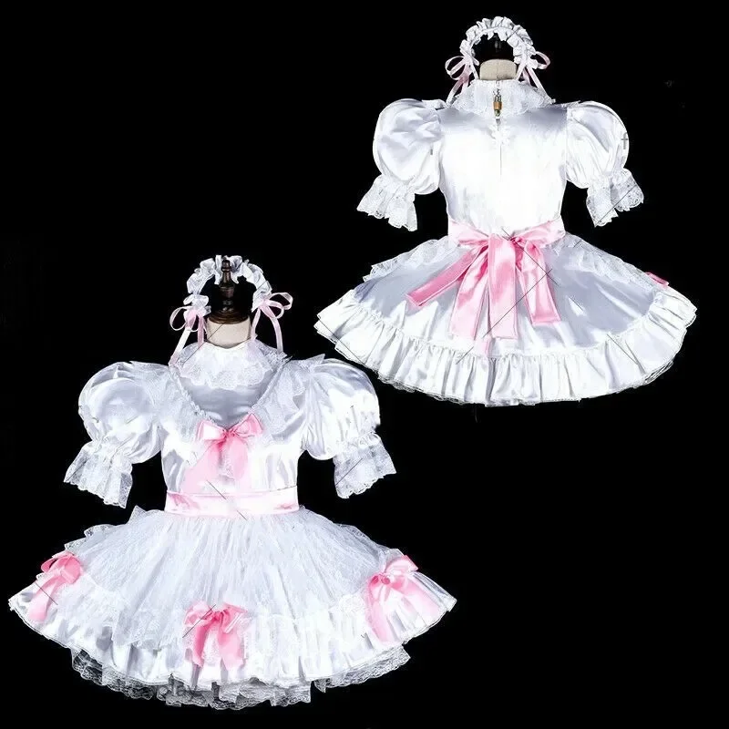 

Sexy Sissy White Lockable Satin Dress Cute Girl Maid Cosplay Adult Custom Carnival Festive Costumes