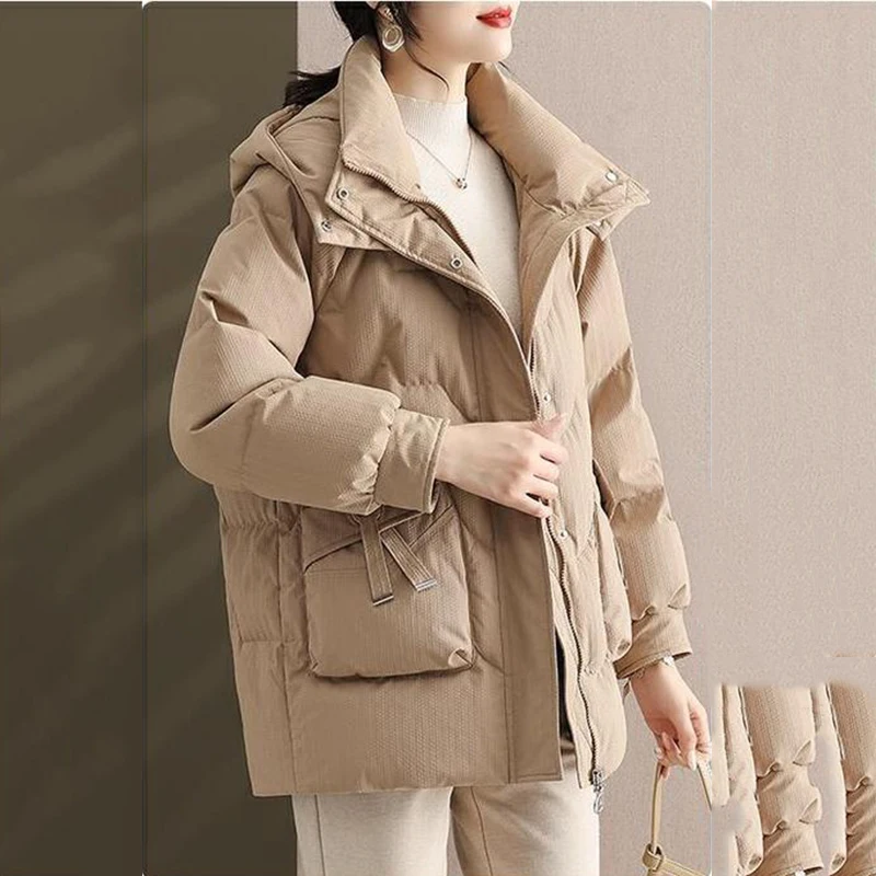 Piumino lungo da donna in piumino d'anatra con cappuccio, cappotto caldo e spesso, soprabito femminile ampio, capispalla casual freddo, piumino d'anatra bianco, inverno, nuovo