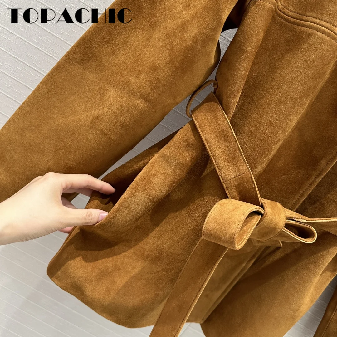 7.15 TOPACHIC-Women Letter Embroidery Streetwear Versatile Genuine Leather Coat 2024 New With Sashes Lapel Kid Suede Jacket