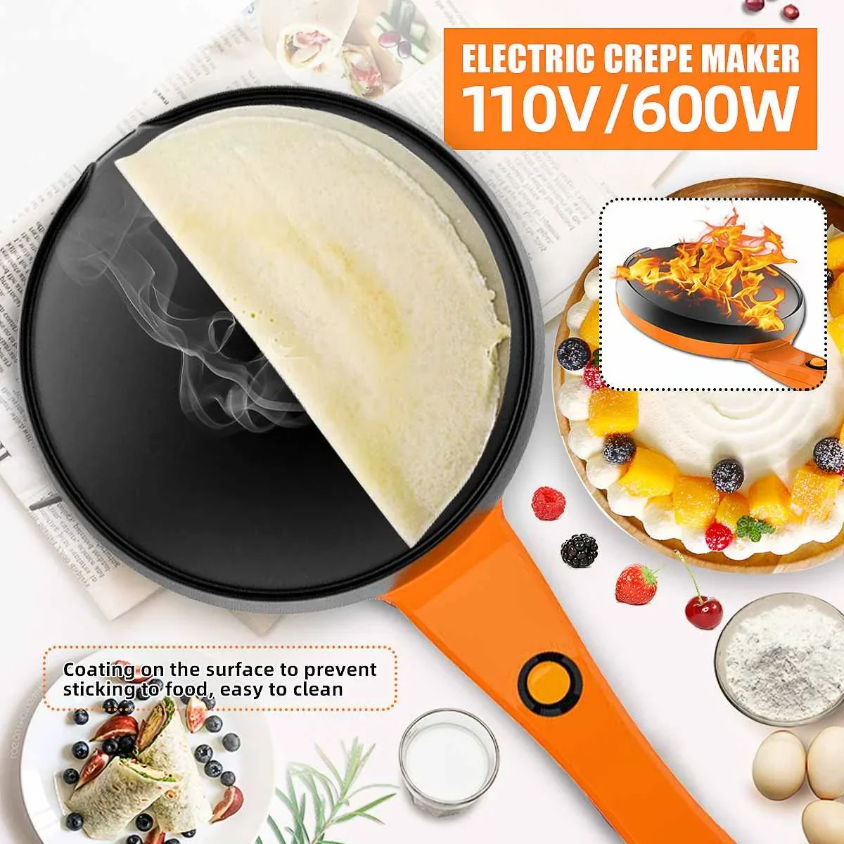 Electric Crepe Maker 18cm Non-Stick Griddle, Pancake Pizza Machine, Kitchen Cooking Appliance