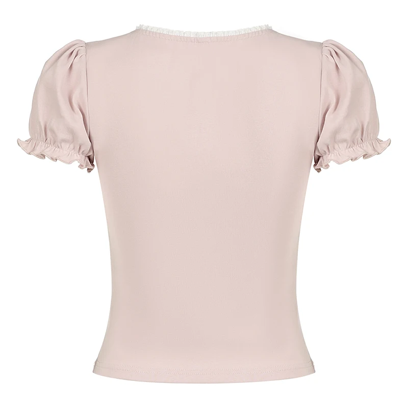 CIBBAR Sweet Bandage Bow Crop Top Pink Cute Coquette Ruched Short Sleeve T Shirt Summer Casual Square Collar Tees y2k Aesthetic