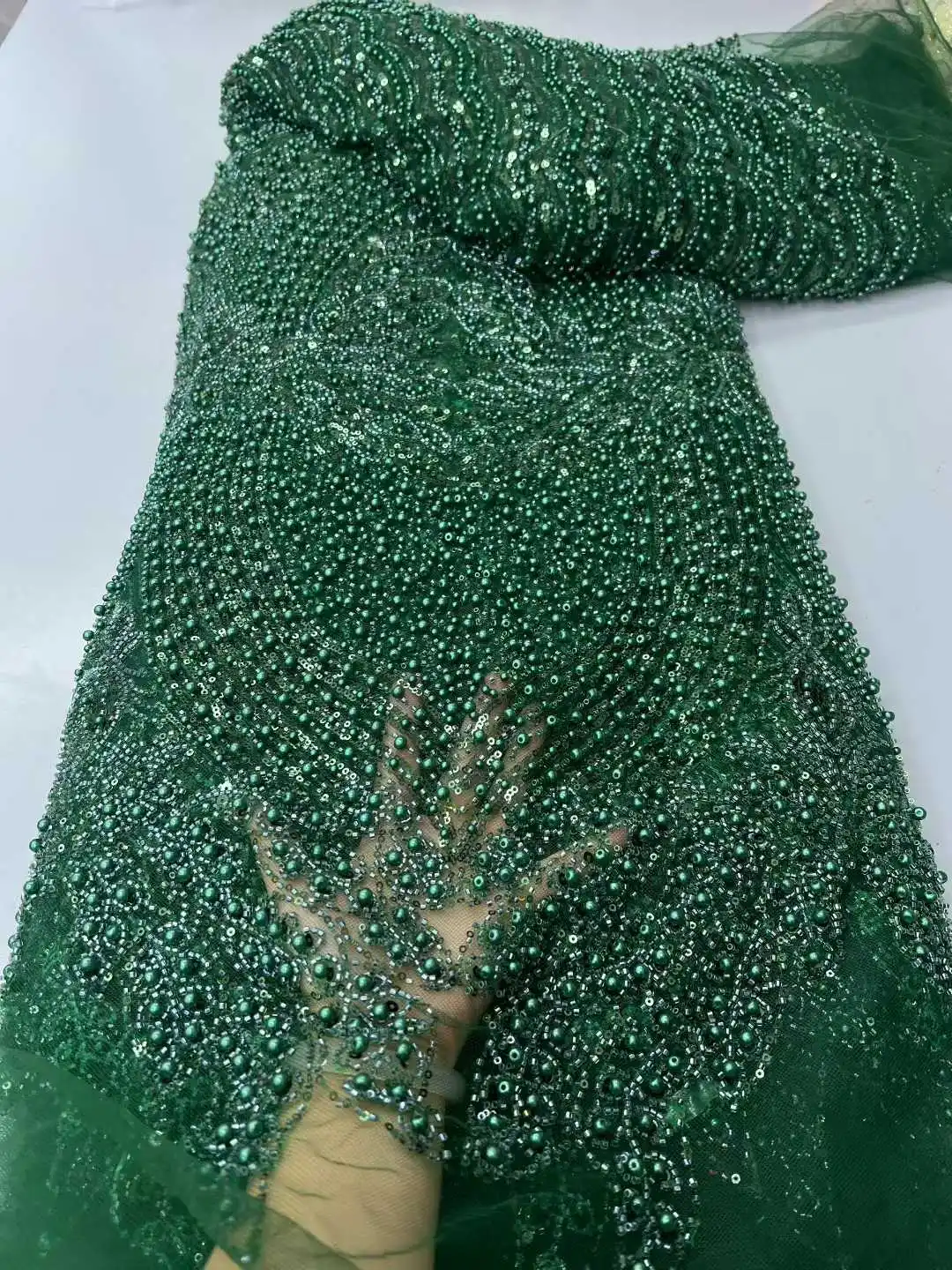 

GREEN High Quality Fashion French Mesh Embroidery Sequins Beads Lace Fabric African Nigerian Lace Fabric For Wedding Dress Party