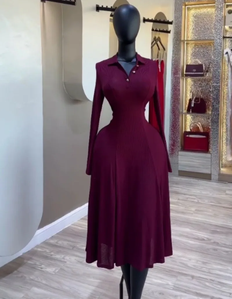 Elegantes Damen-Maxikleid mit Langen Ärmeln und Korsett, Tailliertes Kleid mit Polo-Kragen und Plissee, Einfarbiges Langes Kleid für Büro, Hochzeit und Abendveranstaltungen – Detail 7