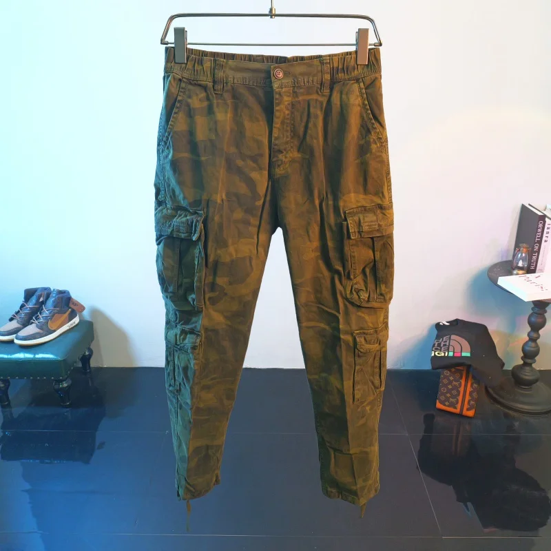 Camouflage Cargo Pants Men's 2024 New Spring Loose Straight Ankle-Tied Trendy Casual Pants American  Green Outdoor Pants