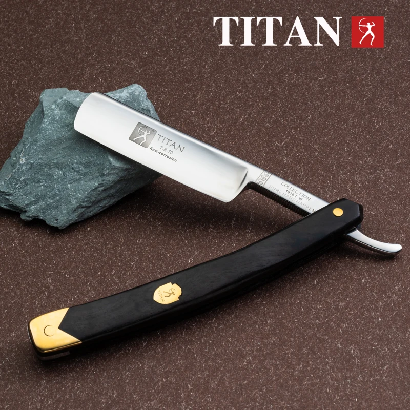 

Бритва TITAN с прямым лезвием, острая, с деревянной ручкой и лезвием из нержавеющей стали.