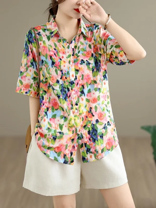 

Элегантная повседневная женская рубашка с цветочным воротником и коротким рукавом, летняя коллекция 2026, новый стиль, свободный крой, хлопковая, универсальная, для повседневной носки