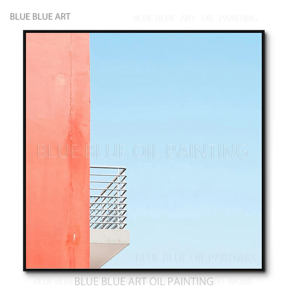 Hand-painted Modern Building Balcony Oil Painting on Canvas Beautiful Blue Sky and Pink Wall Acrylic Painting for Home Decor