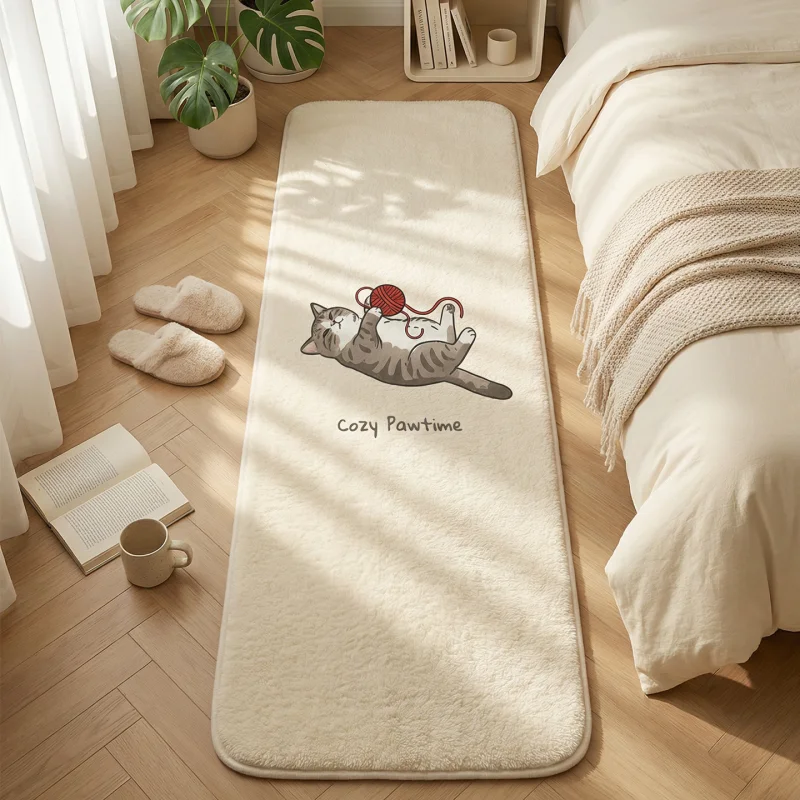 

VIKAMA Cute Cat Fur Long Striped Floor Mat Anti-Slip Children's Bedroom Bedside Carpet Easy to Clean Balcony Mat Home Decoration
