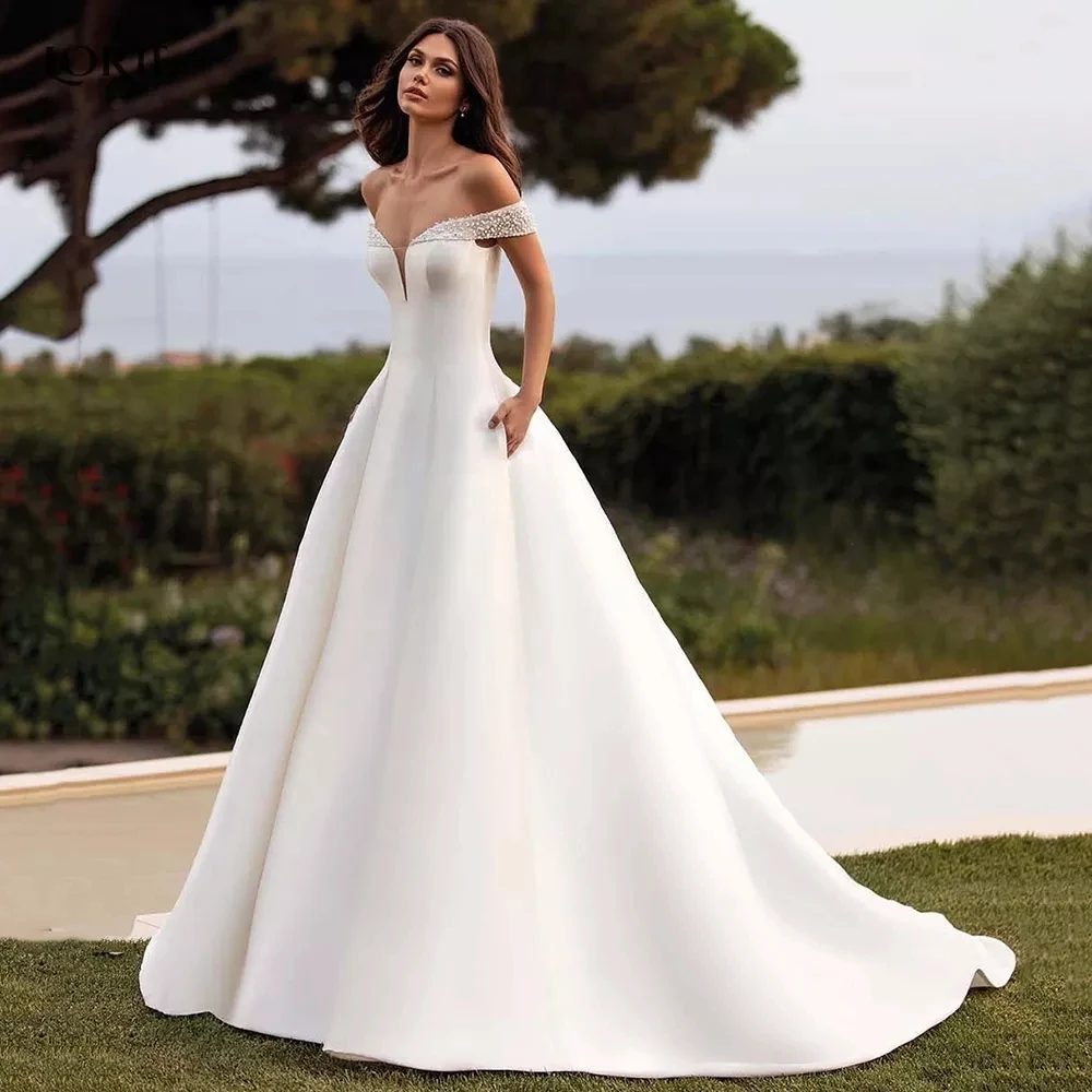 A-Line Satin Bridal Dresses Simple Princess Wedding Party Gowns Robe  Pleated Sexy Off Shoulder 2023 Mariée Vestido Noiva Mujer