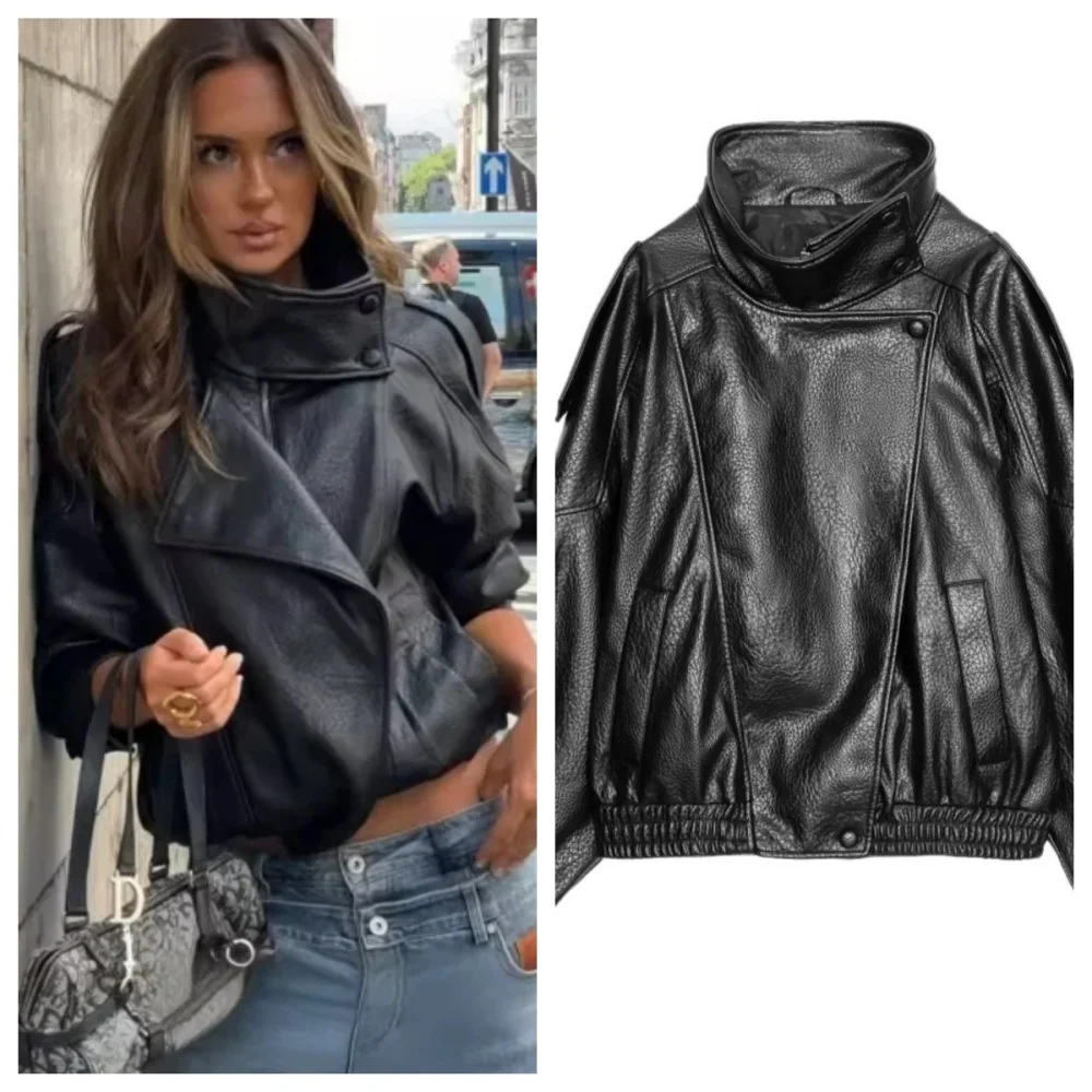 

Women's Leather Jacket Fall New PU Leather Coat Long Sleeve Pebble Faux Leather Jacket Motorcycle Style Personality Fashion