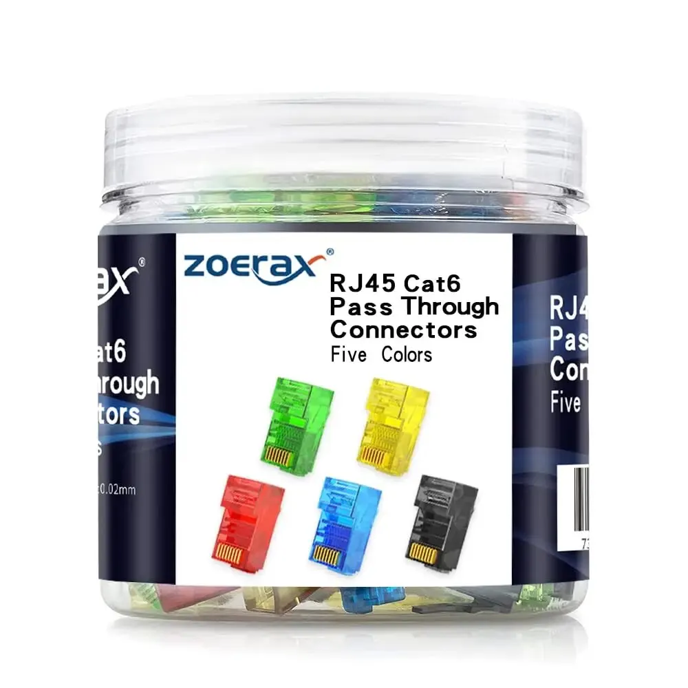 ZOERAX 100-Pack RJ45 Cat6 Pass Through Connector, Assorted Colors, RJ45 Modular Plugs for Solid Or Stranded UTP Cable