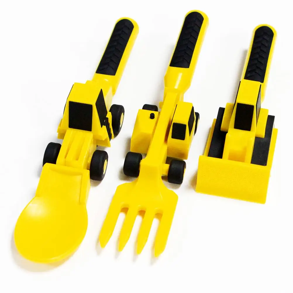 3pcs Car Bulldozer Excavator Shovel Plate Knife Fork Spoon Safe Practical Tableware Set Children Kids Spoon Fork Dinnerware Set