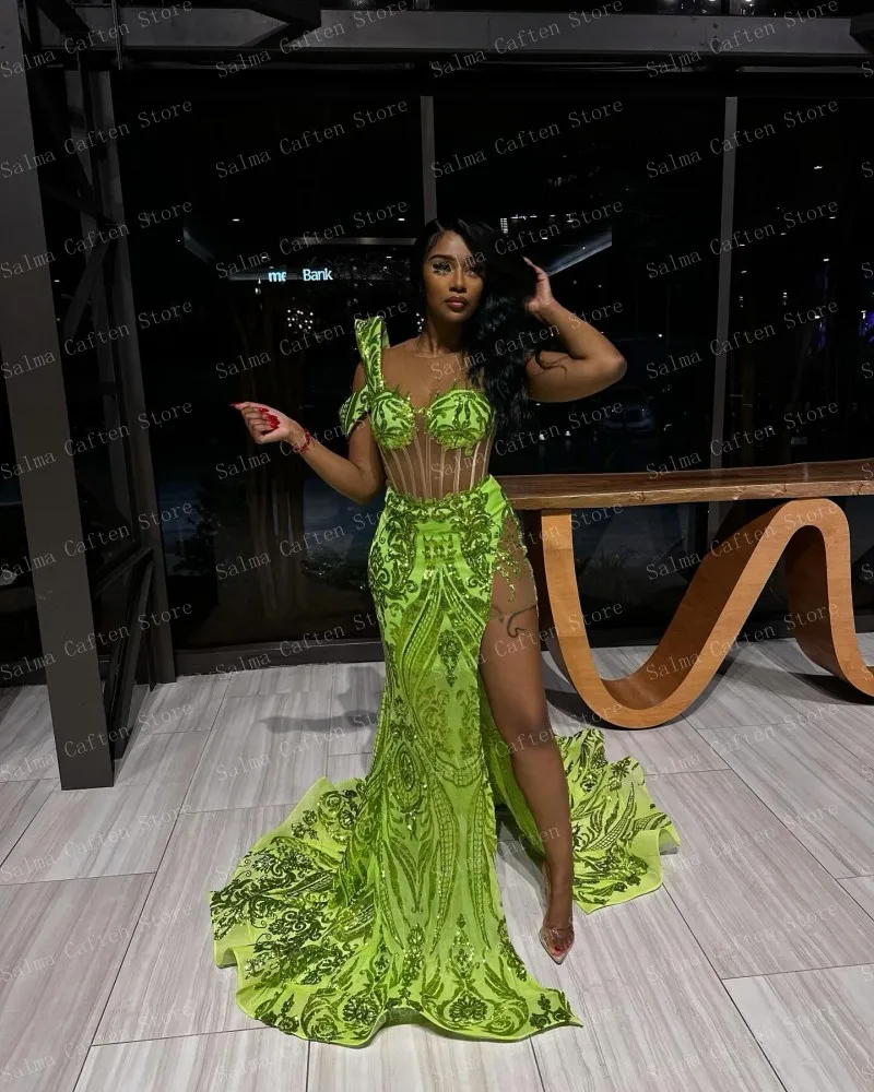 See Through O-neck Bright Green Mermaid Dress Sequins Appliques Woman Clothing With Slit Custom Made Evening Dresses Free Ship