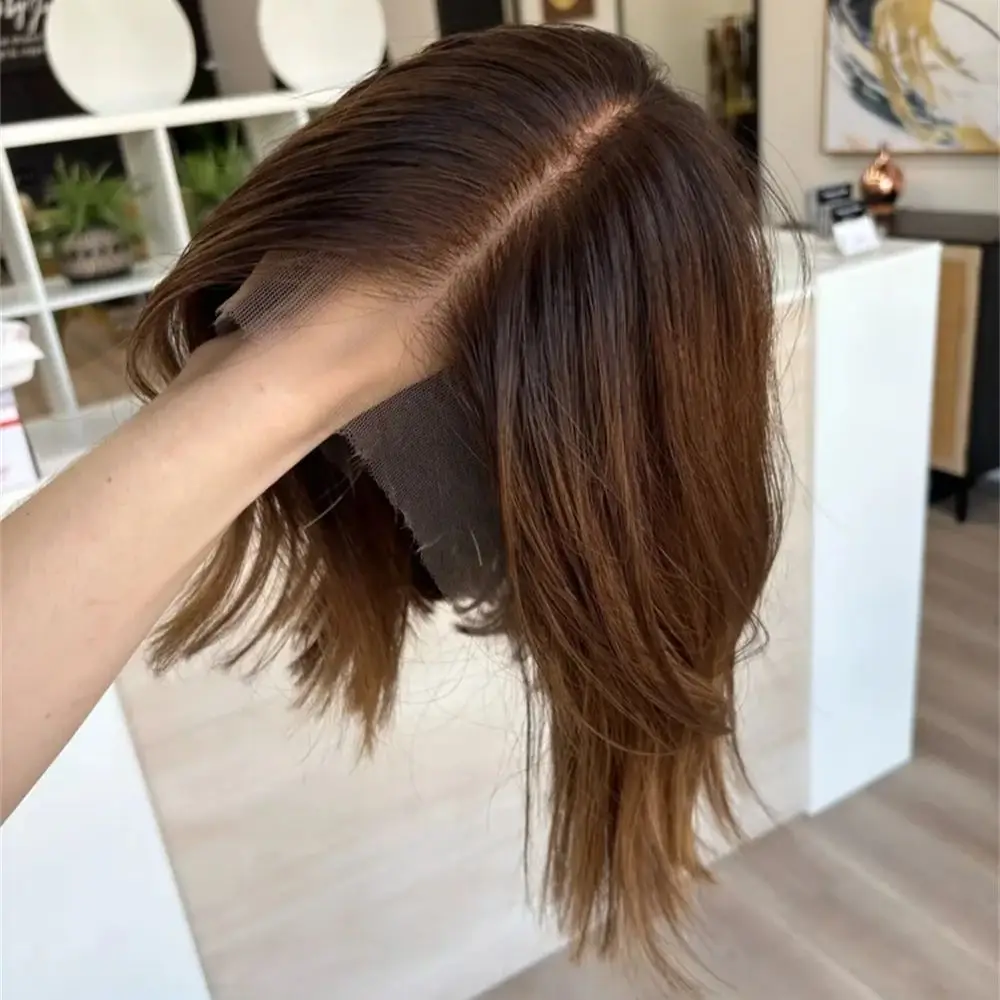 

Dark Brown with Highlights Short Wig Glueless Synthetic Lace Front Wig for Women Natural Wave 14" Bob Wig Friendly for Beginners