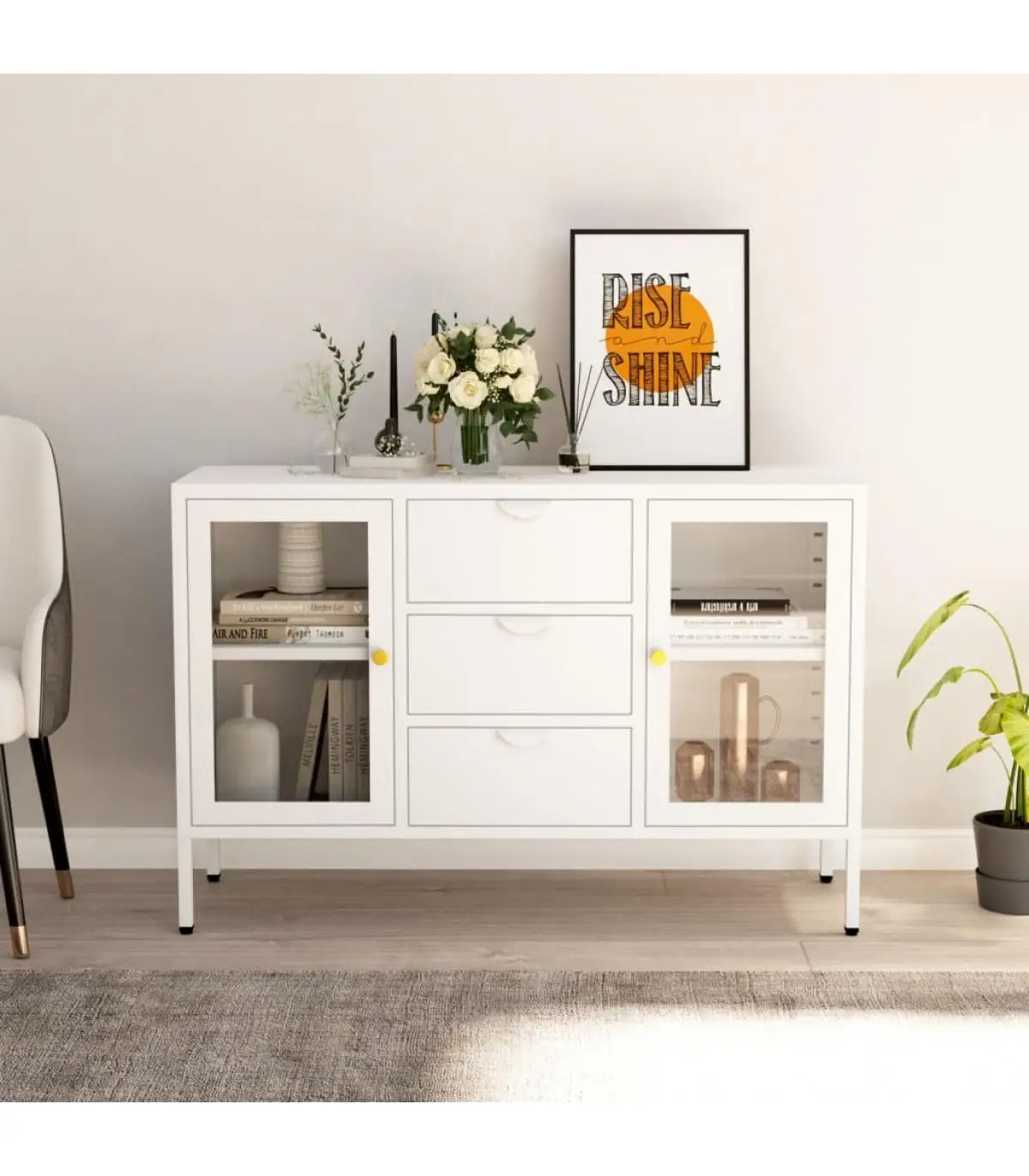 105x35x70 cm white tempered glass steel sideboard