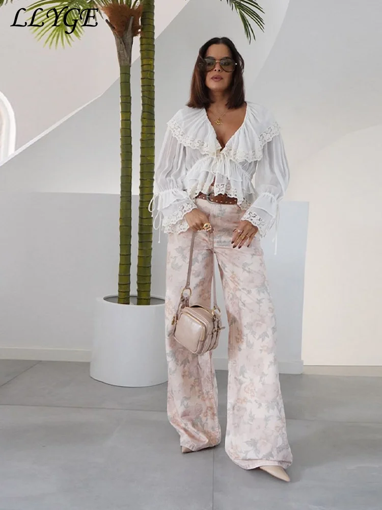 

Elegant Ruffles Shirt Print Pants Sets Women Crop Lace Up Flare Sleeve Blouses Floral Wide Leg Pant 2025 Spring Summer Lady Suit