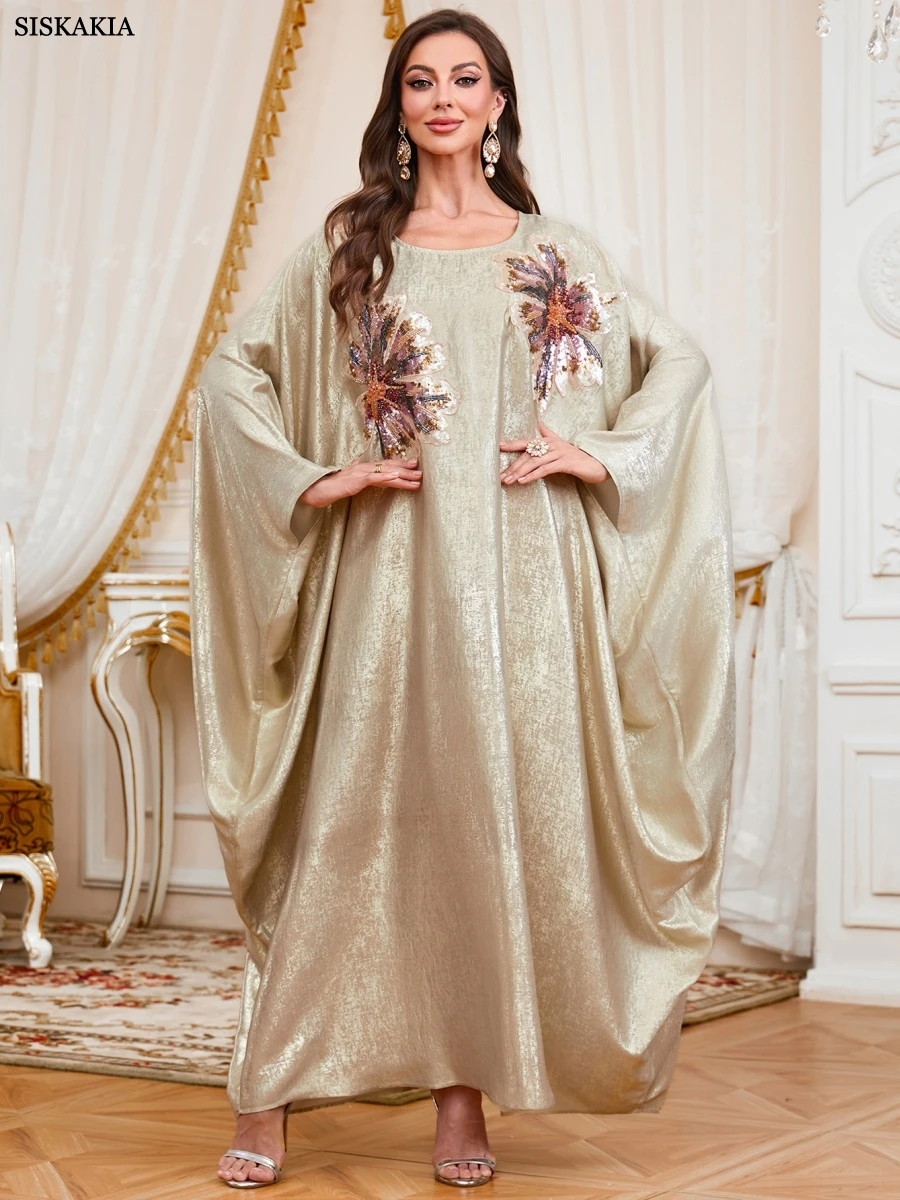 Siskakia Dubai Lantejoulas Patchwork Abaya Dolman Manga Marocain Elegante Solto Kaftans 2025