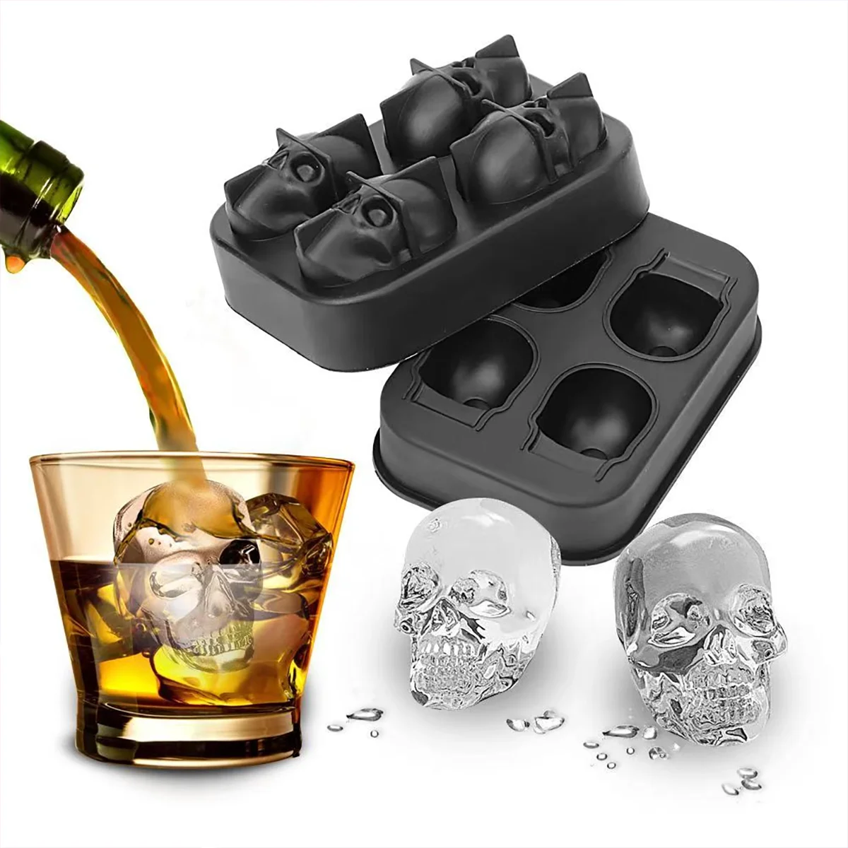 3D-Schädel-Silikon-Eiswürfelform, 1 Stück, Totenkopf-Eiswürfelform mit 4 Mulden, geeignet für Whisky, Silikon-Neuheits-Eiswürfelform, geeignet für Sommerpartys und Bars