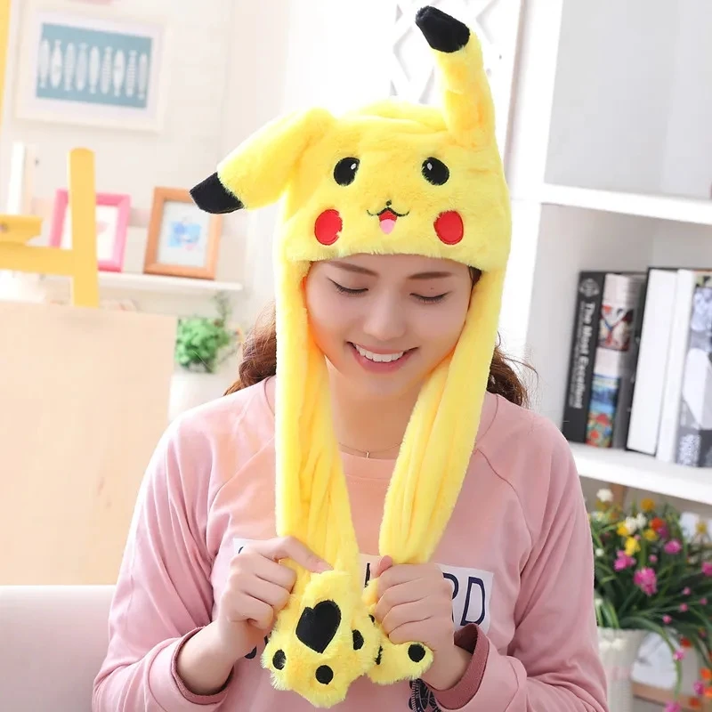 Pikachu Cute Bunny Ear Moving Hat Animal Plush Jumping up Toys Rabbit Ear Girls Costume Cap Kids Party for  Funny Anime Hat