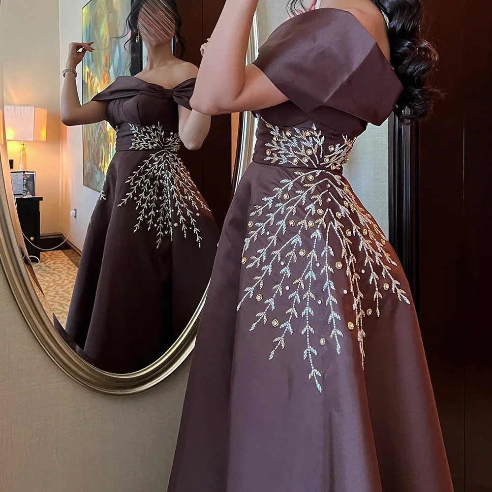 Temperament Pleats Crystal Off the Shoulder Short Sleeves Prom Gowns Modern A-Line Satin Evening Dresses فساتين سهره نسائيه فخمة