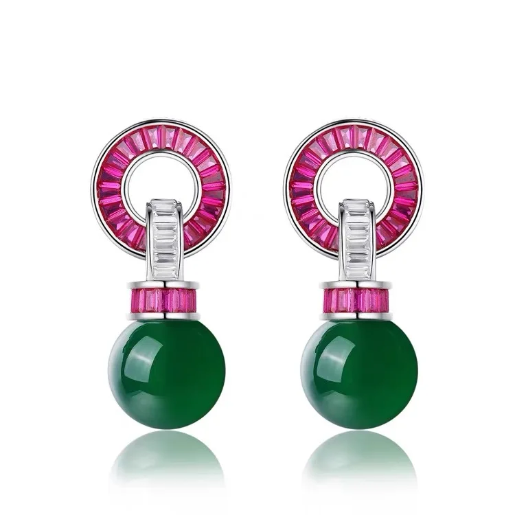 

New S925 Silver High Carbon Diamond Wood with Green Natural New Chinese Style Versatile Girl Earrings Wedding Jewelry