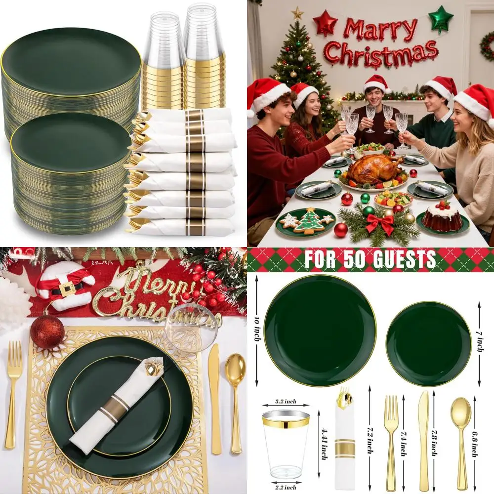 

Heavy-Duty Disposable Green Plates - 350 Pieces Christmas Dinnerware Set for 50 Guests with Rolled Napkins