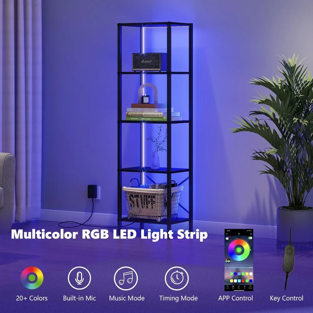 رف كتب من 5 طبقات، خزانة كتب ضيقة طويلة مع أضواء LED، رف كتب بإطار فولاذي، رف تخزين للعرض لغرفة المعيشة، سرير