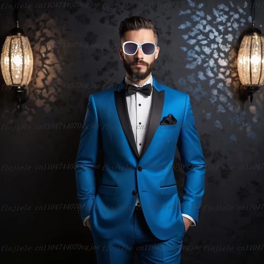 

New Black Collar Blue Men Suit Formal Wedding Party Groom Groomsman Prom Male Tuxedos Customize 2 Piece Set Jacket Pants