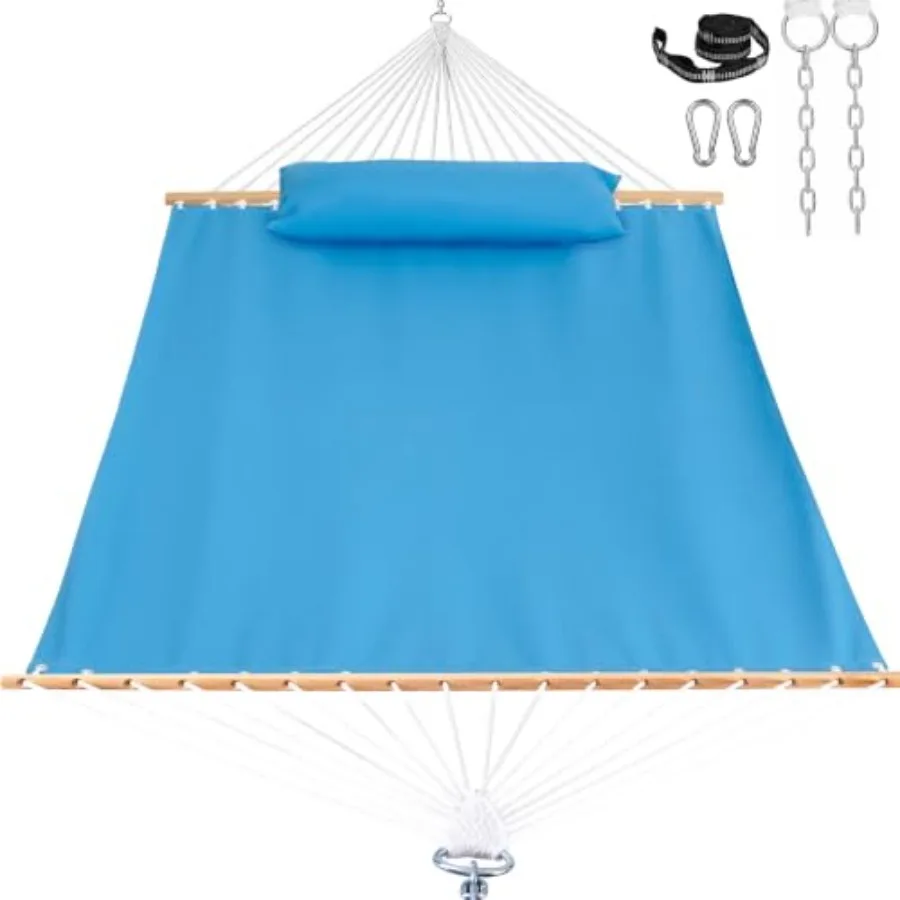 Outdoor 2-person hammock with Sunbrella fabric, Pacific Blue, fade-resistant for all-weather use, includes pillow, straps, cara