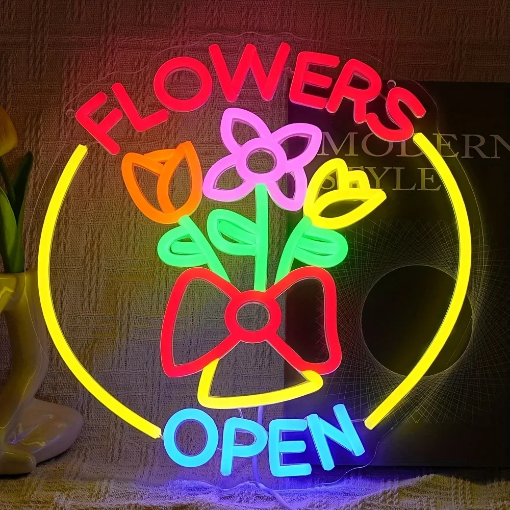 Flowers Open Neon Sign Colorful Bouquet LED Wall Art Acrylic USB Powered Dimmable Light For Florist Shop Cafe Window Decor