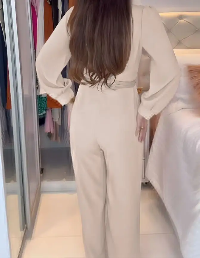 Jumpsuit Women 2025 Spring Overlap Pleated V-Neck Puff Sleeve Zipper Back Jumpsuit Casual Elastic Waist Jumpsuit Without Belt