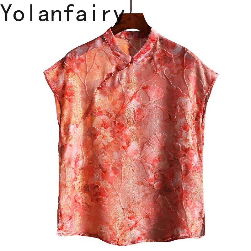 

YOLANFAIRY Real Silk Velvet T Shirts for Woman Vintage Chinese Style Tee Shirt Femme Printed Ladies Tops Blouses T Shirts Dames