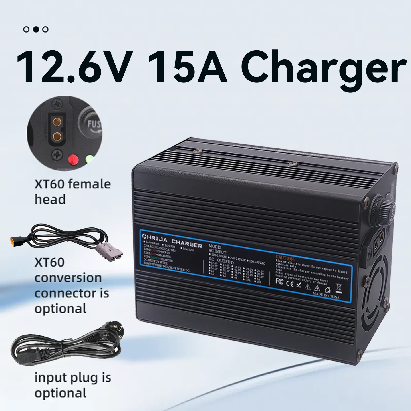 OHRIJA 12.6V 15A charger quick aluminum shell suitable for 3S 11.1V Li-ion Battery Charger detachable connector plug is optional