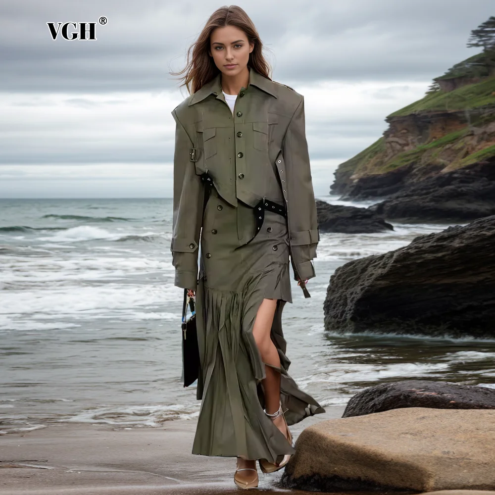 

VGH Temperament Two Piece Sets For Women Lapel Long Sleeve Spliced Belt Jacket High Waist Pleated Skirts Slimming Set Female New