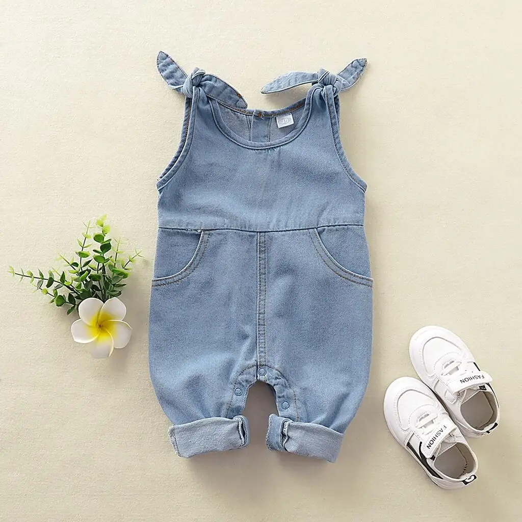 Newborn Baby Unisex Girl Boy Romper Bodysuit Cotton Denim Solid Tether Sling Button Baby One Piece For Baby Girl Boy 0-12 Months