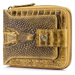 Portefeuille à fermeture éclair en cuir avec motif crocodile, sac pour cartes à fentes multiples, cuir ciré, couche de tête, permis de conduire horizontal