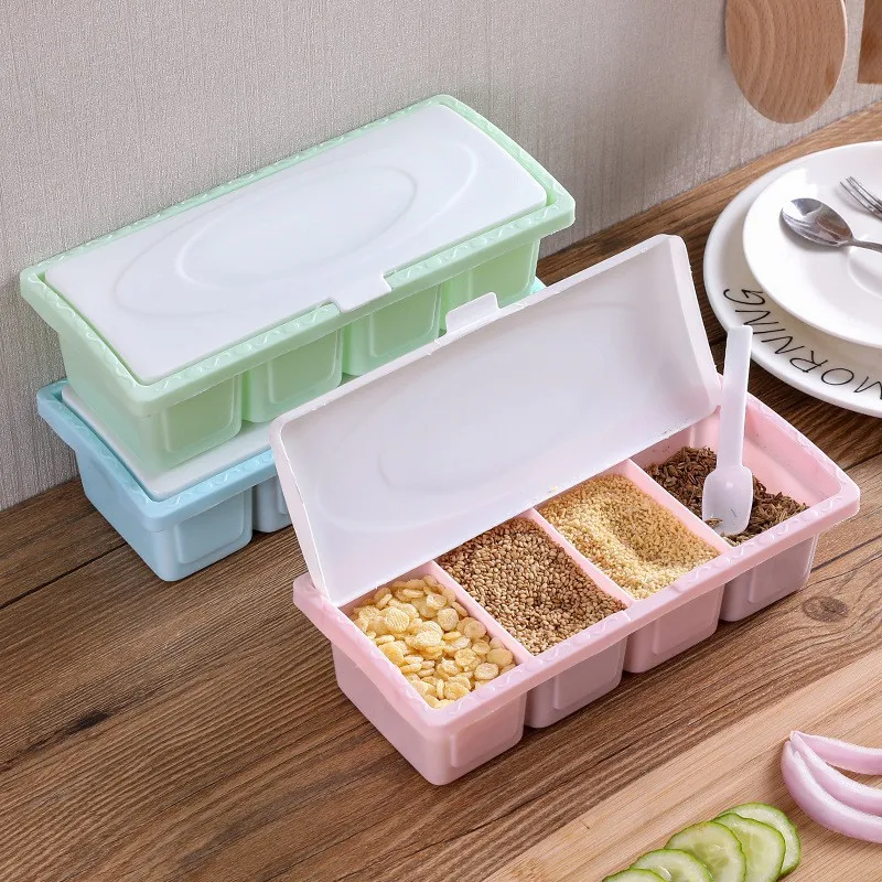 1PC 4 In 1 Plastic Seasoning Box Multi-Functional Salt Box Kitchen Separator With Spoon With Lid Seasoning Jar Kitchen Accessory